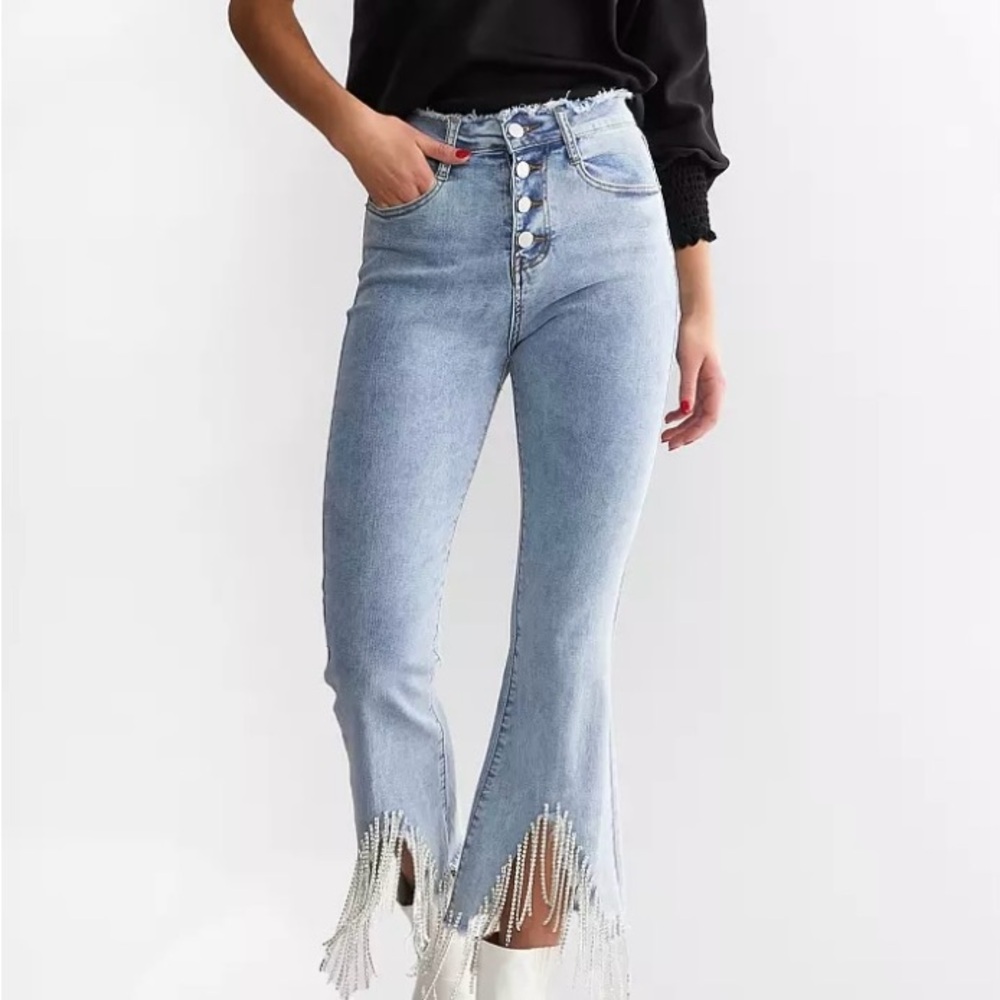 Blue B Rhinestone Fringe Distressed Flare Jeans Size M